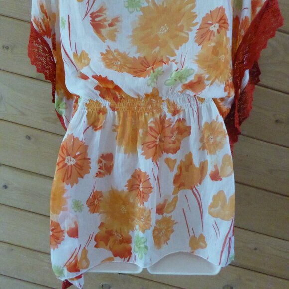 Kohinoor Orange Floral Crochet Lightweight Cinched Blouse Tunic Top NWT - Picture 8 of 10